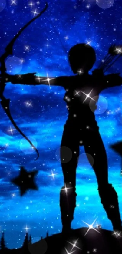 Silhouette of an archer against a starry blue galaxy background.