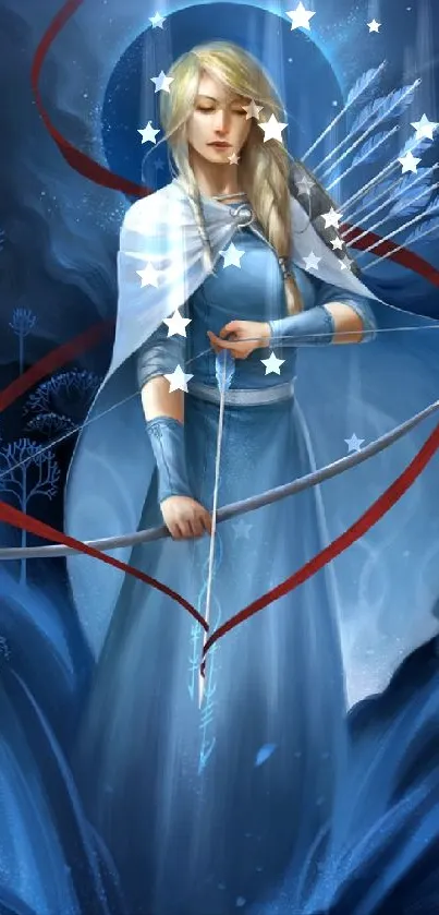 Mystical archeress in ethereal blue holds a bow in a digital fantasy artwork.