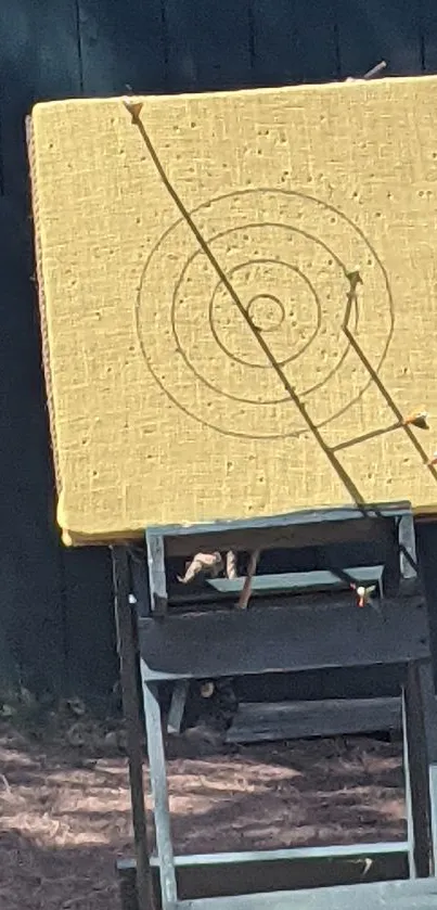 Archery target in sunlight with yellow square and arrows