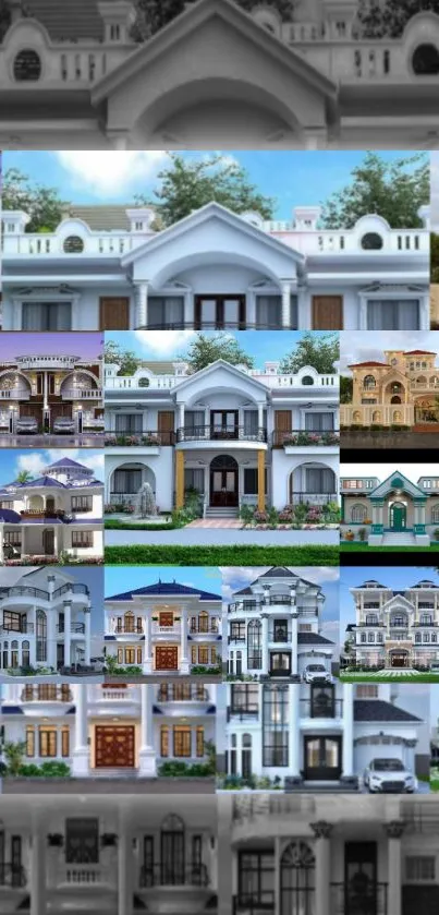 Diverse architectural designs collage on wallpaper.