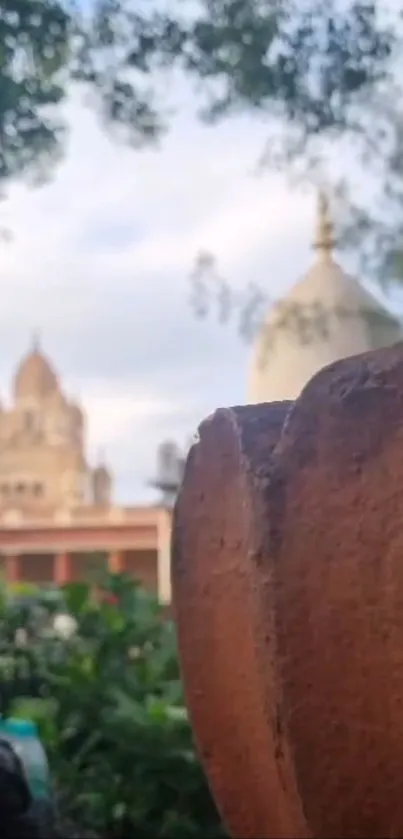 A scenic view of historical architecture with trees in the background.