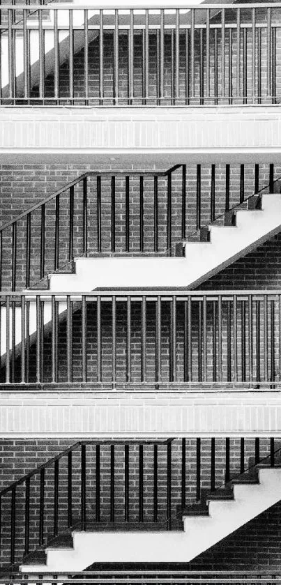 Monochrome staircase architectural design with brick and metal accents.