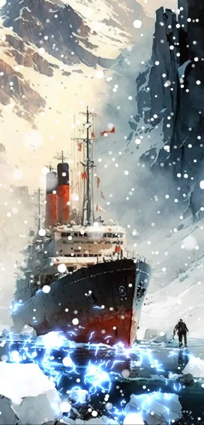 Ship navigating icy waters with snowy peaks.