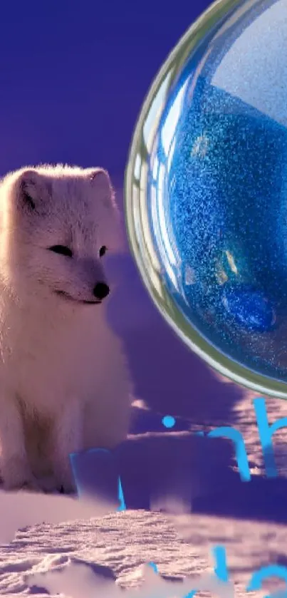 Arctic fox with a large blue orb on a snowy purple background.