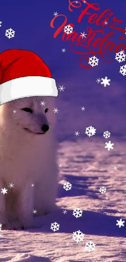 Arctic fox with Santa hat and snowflakes on festive wallpaper.