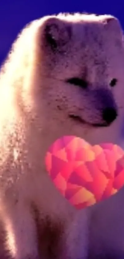 Arctic fox with a geometric pink heart on snow.