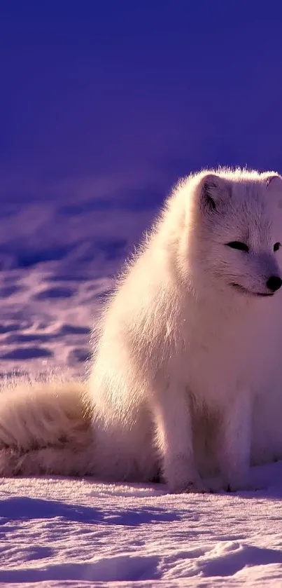 White arctic fox sitting in a snowy purple twilight landscape.