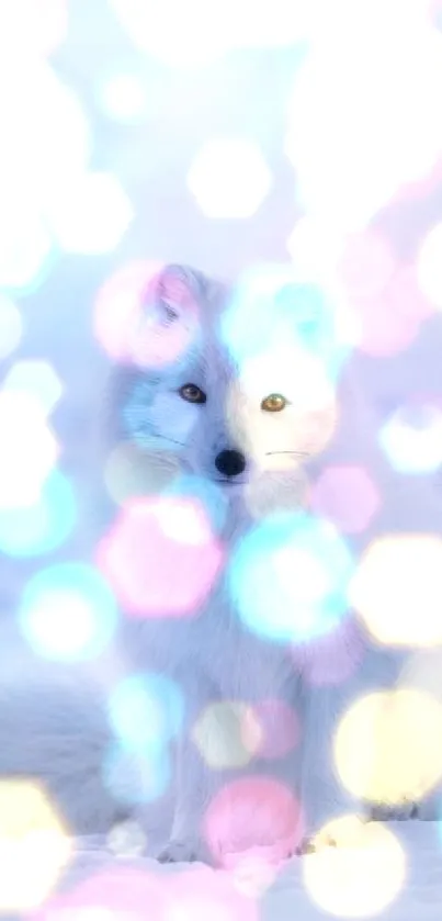 White arctic fox in a snowy landscape, serene winter scene.