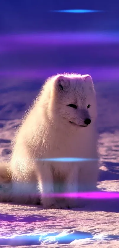 Arctic fox sits on snow in a serene, purple-tinted landscape.