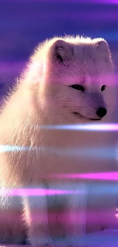 Arctic fox sitting on snowy terrain in twilight.