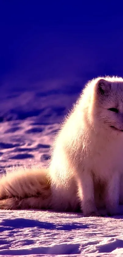 Serene arctic fox sitting on snow under a deep blue sky.