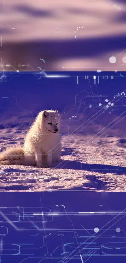 Arctic fox sits on digital snowy landscape with purple hue.