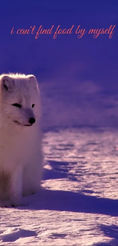 Serene Arctic fox sitting alone in snow with purple hue background.