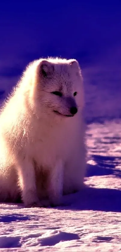 Arctic fox in snow with purple hue background.