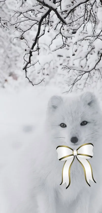 Arctic fox with a bow in snowy landscape with bare trees.