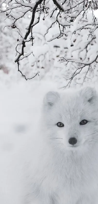 Arctic fox in a snowy landscape with bare winter trees.