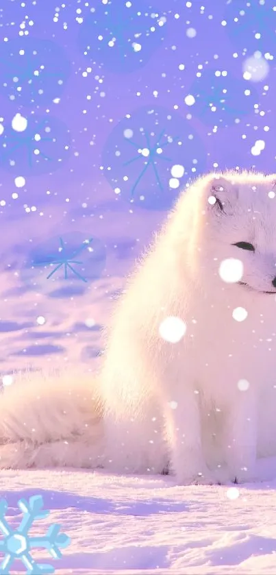 Arctic fox in snowy landscape with purple light.