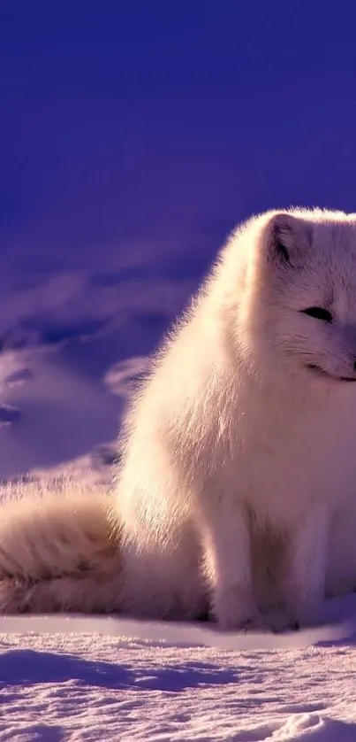 Arctic fox sitting on snow with blue sky background in winter.