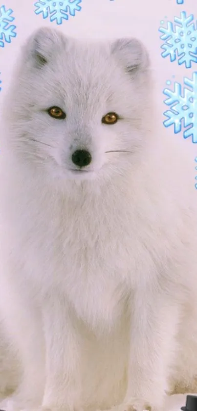 Arctic fox with snowflakes and snowmen on a winter background.