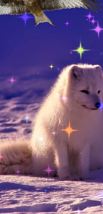 Arctic fox resting with bird flying in a blue snowy landscape.