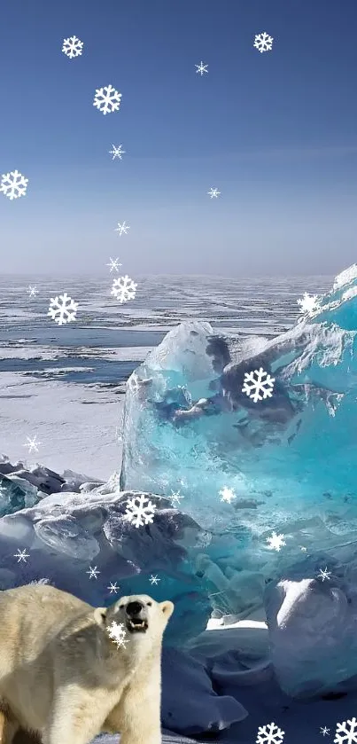 Polar bear in icy arctic landscape with snowflakes.