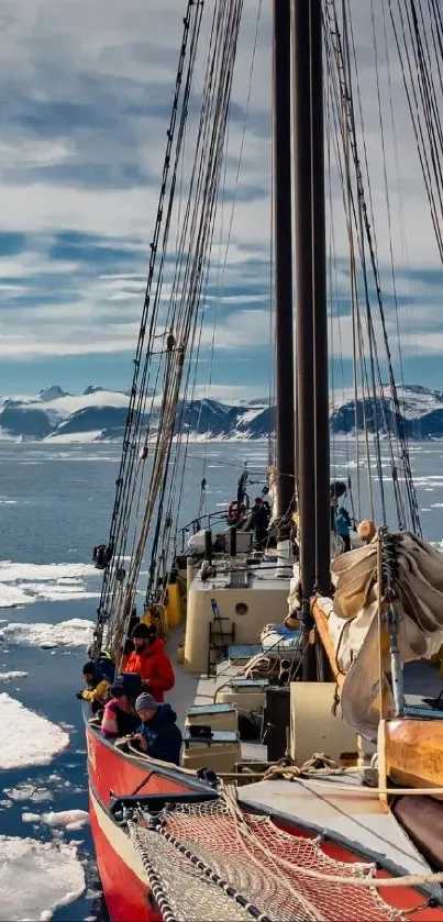 Historic ship sailing through Arctic icebergs in a stunning landscape view.