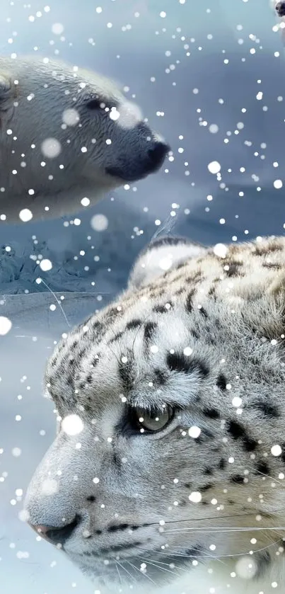Majestic Arctic wildlife wallpaper featuring a polar bear, snow leopard, and wolf.