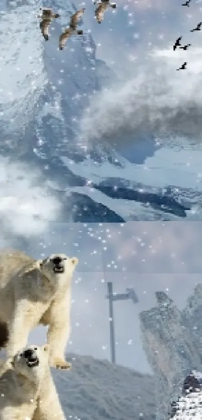 Polar bears in a snowy landscape with mountains and birds in winter.