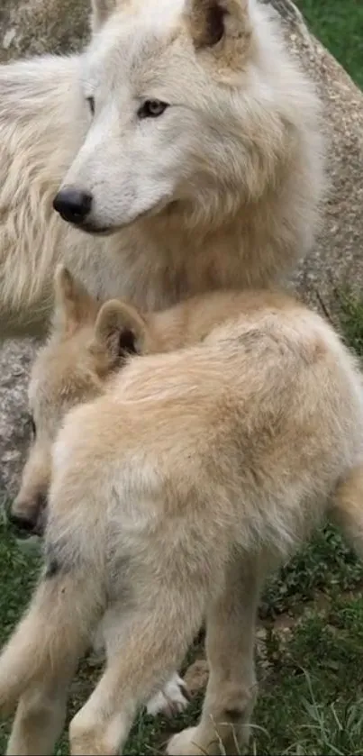 Two arctic wolves standing together on grass.