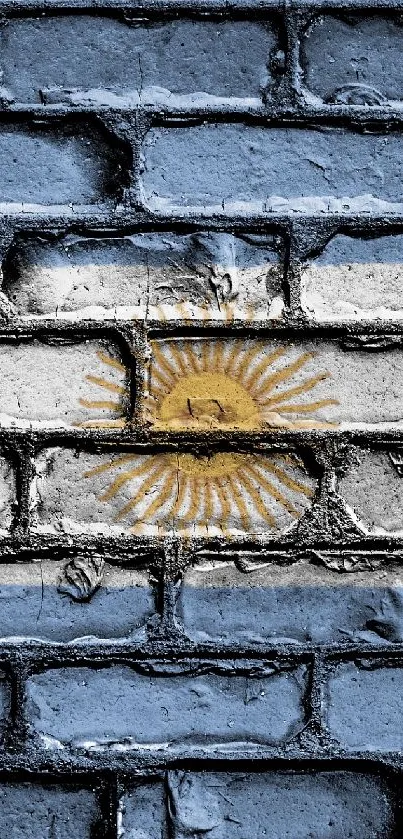 Argentina flag painted on a textured brick wall, featuring blue, white, and a sun emblem.