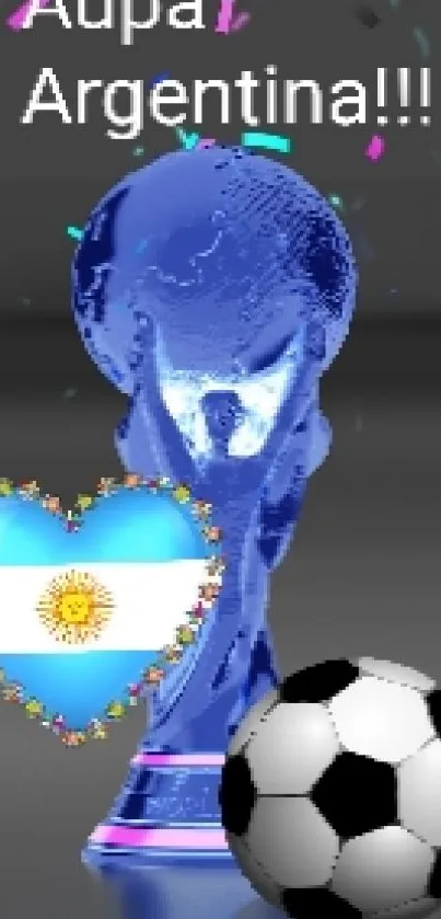 Argentina trophy and soccer ball with confetti on a colorful wallpaper.