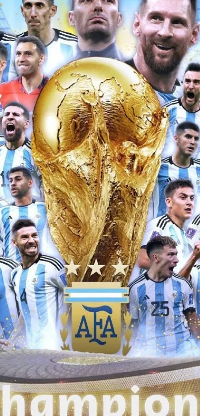 Argentina World Cup champions wallpaper with trophy and team players.