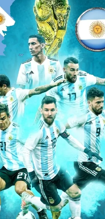 Argentina football team players with World Cup trophy on a turquoise blue background.