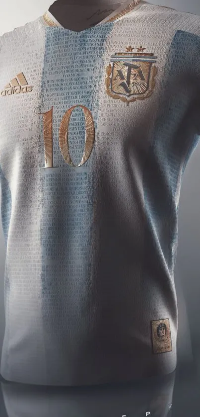 Argentina football jersey with blue and white stripes on a shadowed background.