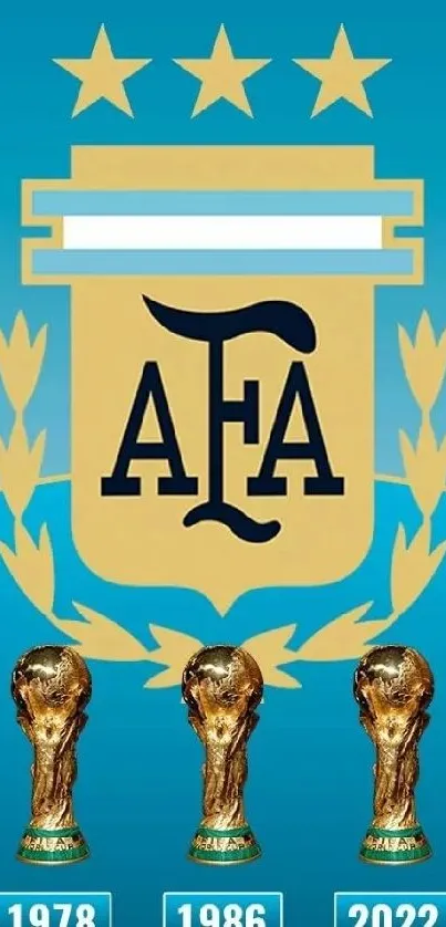 Argentina football wallpaper with three World Cup trophies and AFA logo.