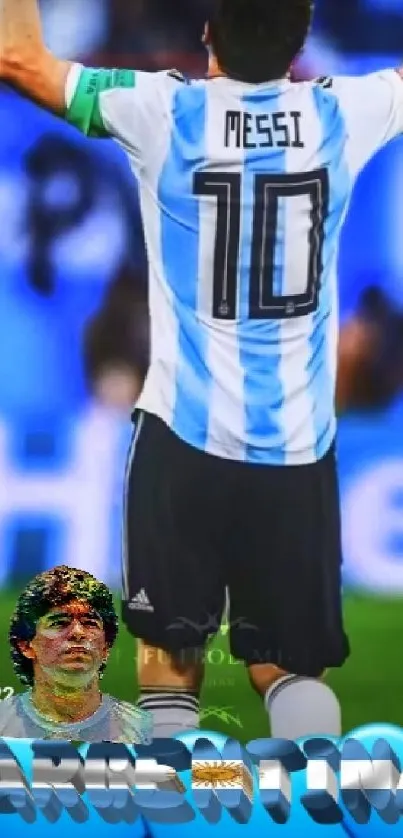 Argentina player celebrating victory with vibrant blue background.