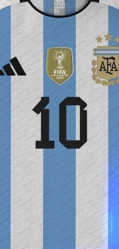 Argentina soccer jersey with number 10 on blue and white stripes.