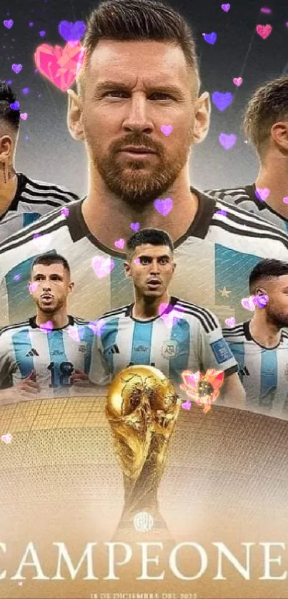 Argentina World Cup champions with players and trophy, mobile wallpaper.