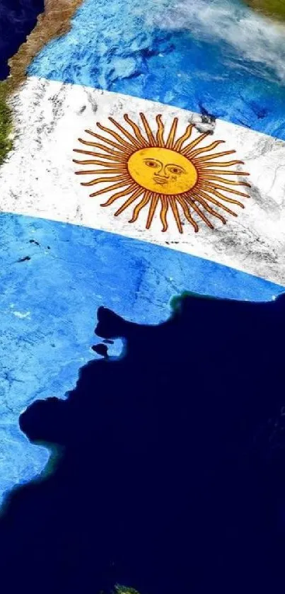 Argentina flag over Earth in blue hues.