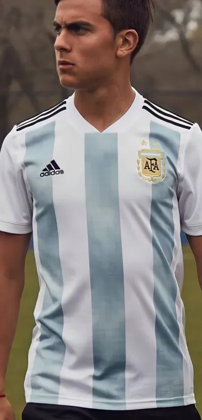 Mobile wallpaper of Argentinian football jersey on field.