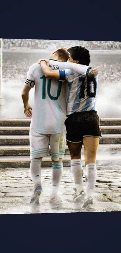 Argentinian football legends in embrace.