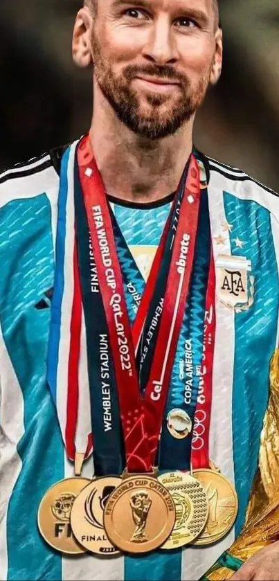 Argentinian soccer player with medals and trophy.