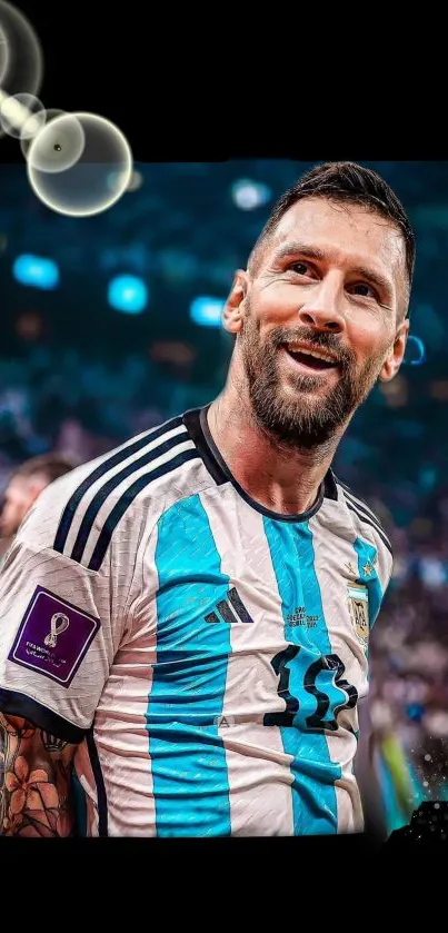 Soccer champion in a light blue jersey on a field with cheering crowd.
