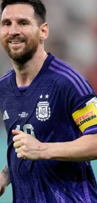 Argentinian soccer star in purple jersey on the field.