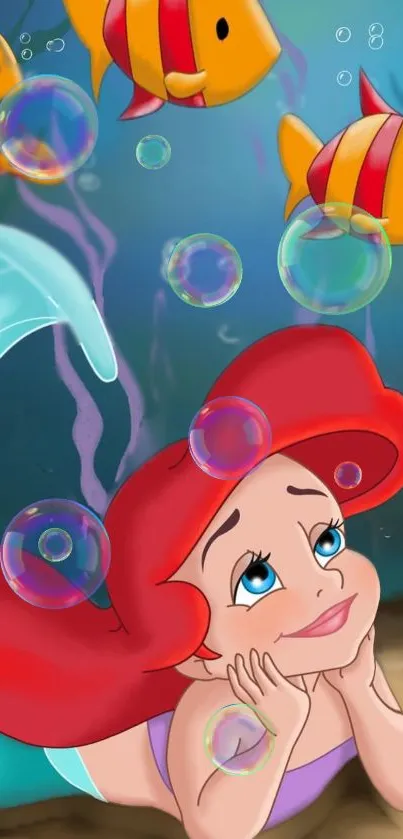 Ariel surrounded by fish and bubbles in an underwater scene.