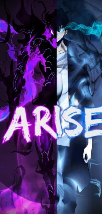 Anime wallpaper with Arise text in vibrant purple and blue.