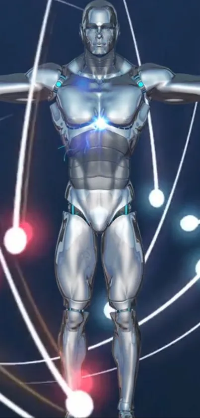 Silver humanoid robot with neon lights in futuristic design.