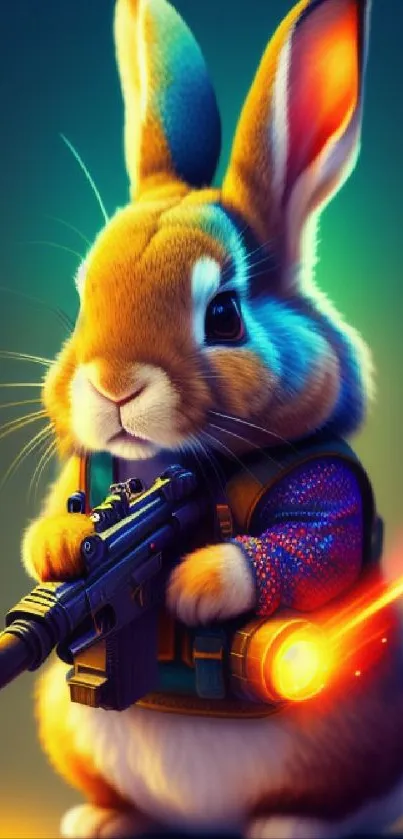 Cute bunny in neon light with futuristic gear and vibrant background.