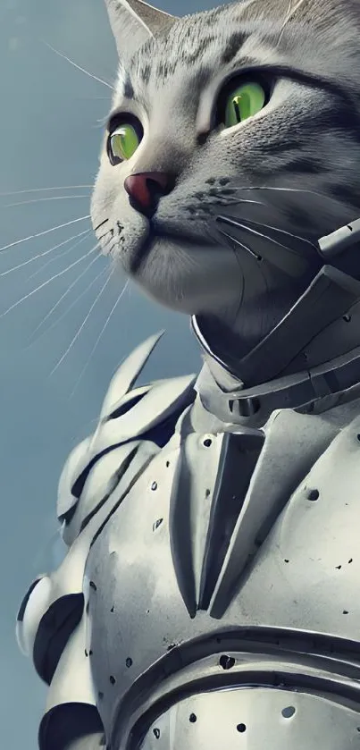 Fantasy cat in silver armor with green eyes on a blue background.