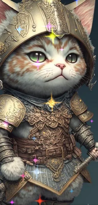 Cute cat in intricate armor standing confidently.